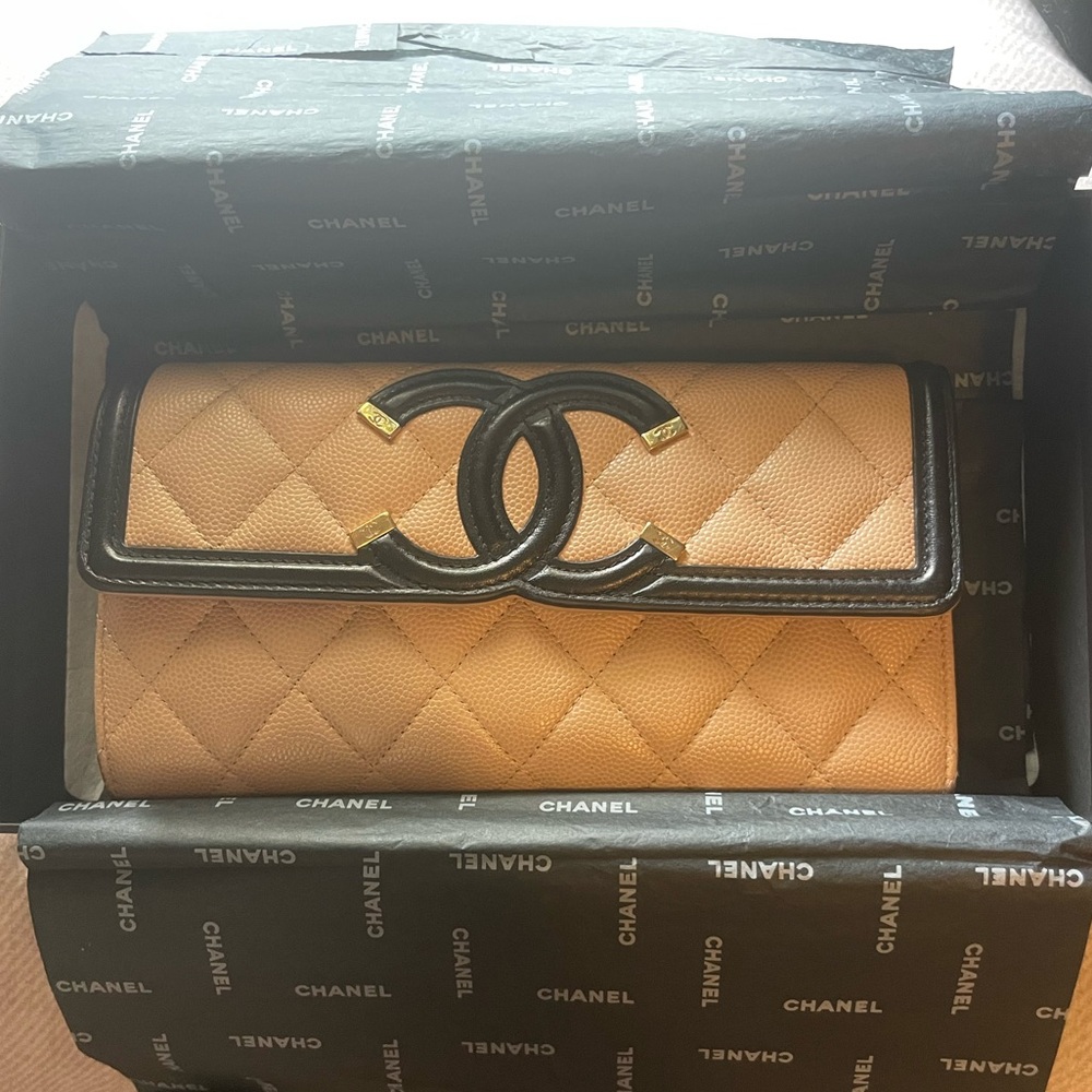CHANEL Quilted Tan and Black Leather Wallet with CC Logo